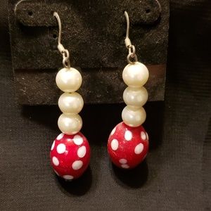 Red with white Polka Dots and 3 white Glass beads